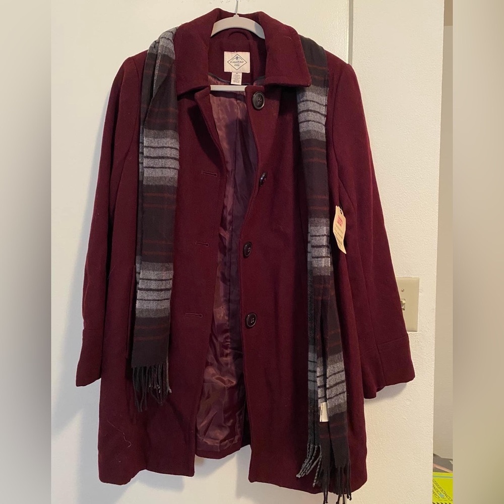 St John’s Bay Maroon Button Up Jacket W/ Scarf Size Medium